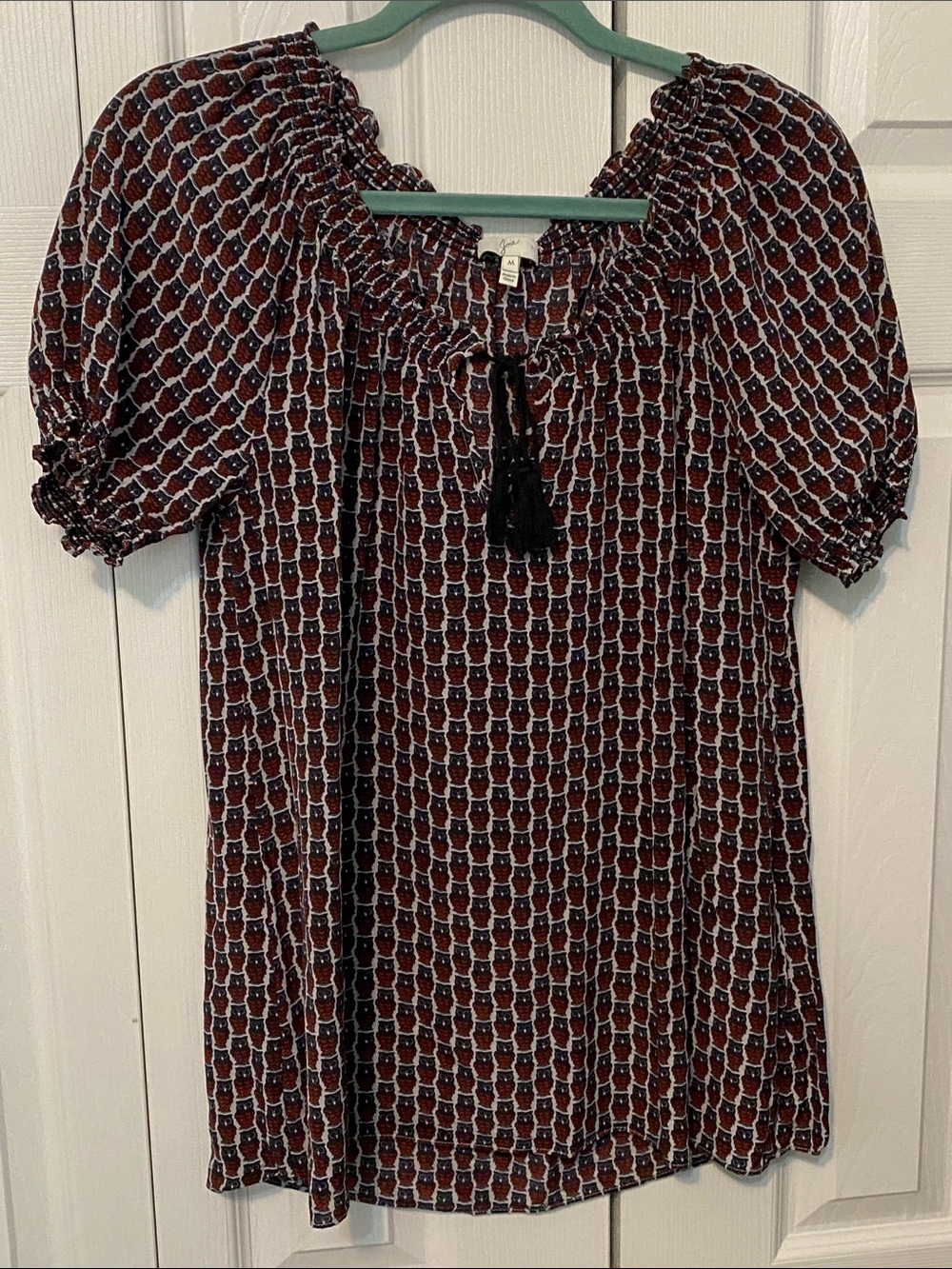 Joie 100% Silk Owl Print Peasant Blouse Medium
